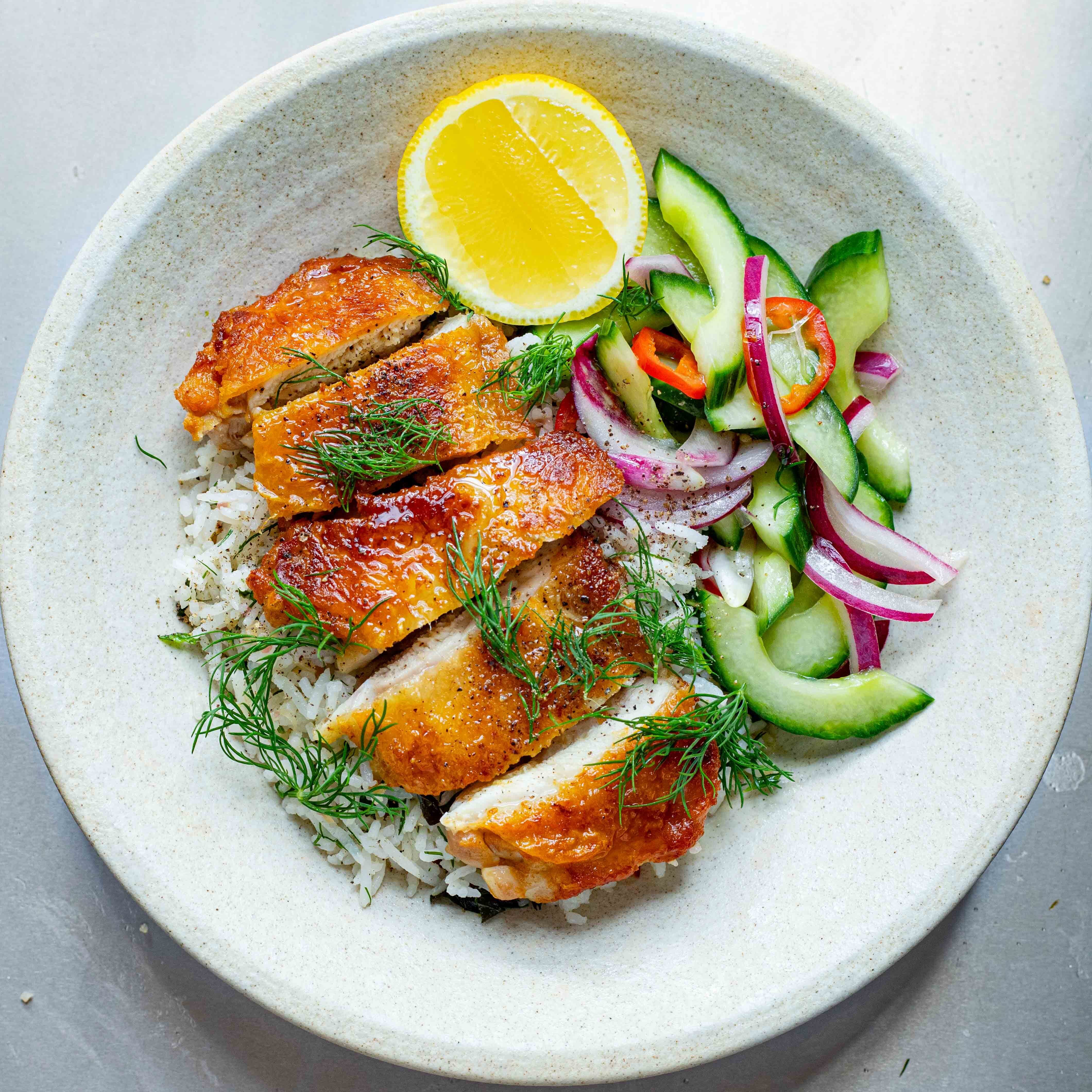 Pan-Roasted Chicken Thighs with Herby Rice & Pickled Salad