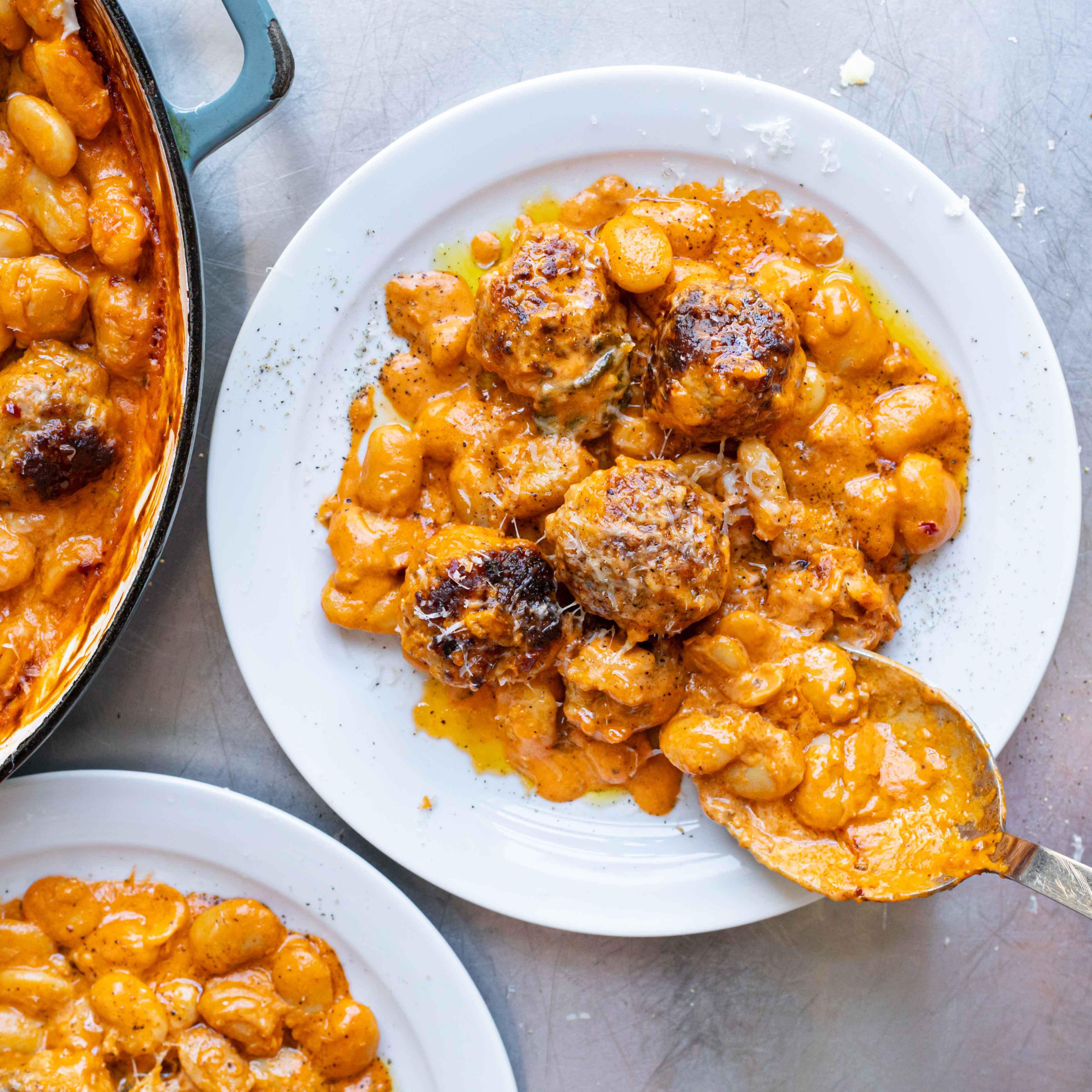 Pork, Ricotta & Fennel Seed Meatballs with Tomato Cream Butter Beans