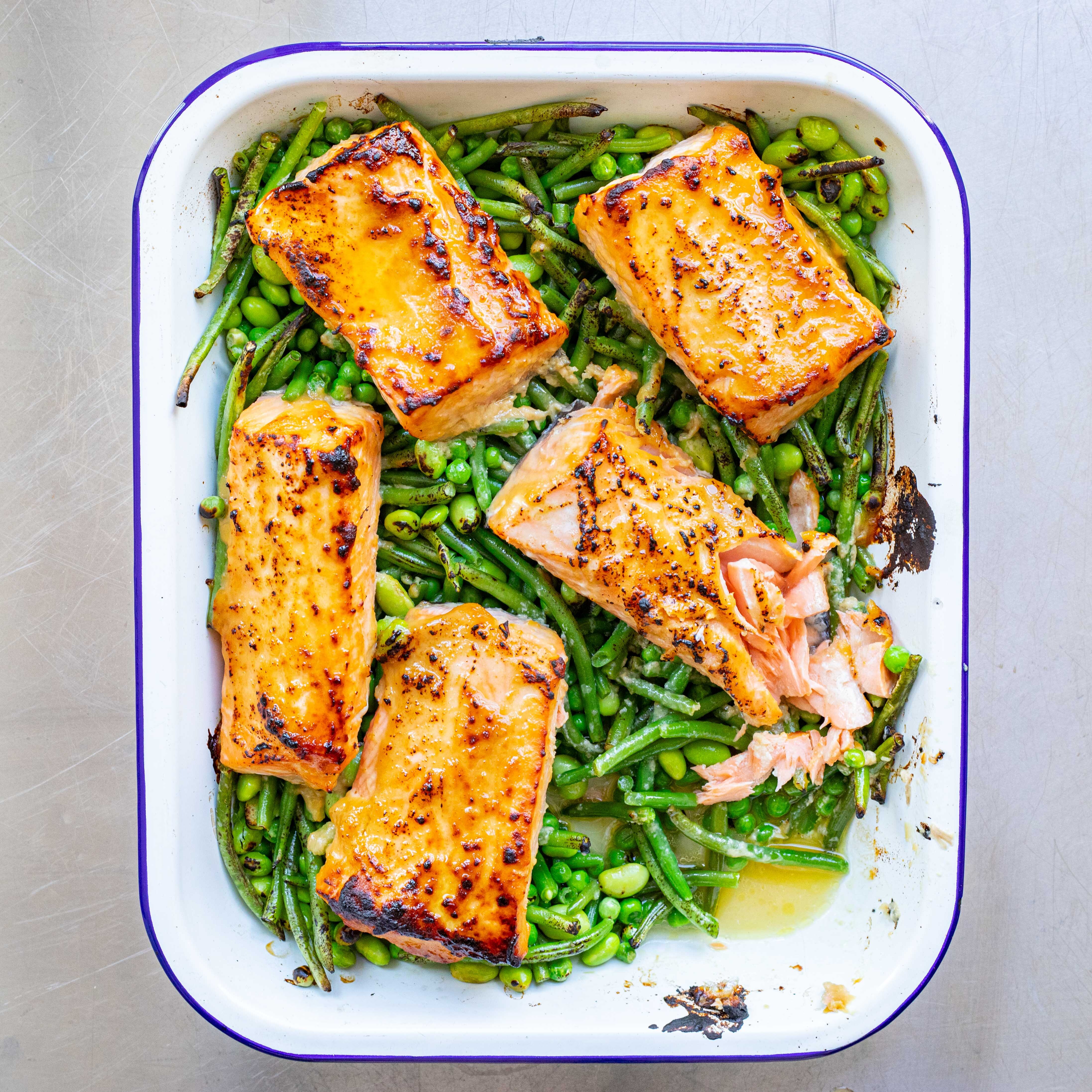 Zingy Greens & Miso Salmon Traybake